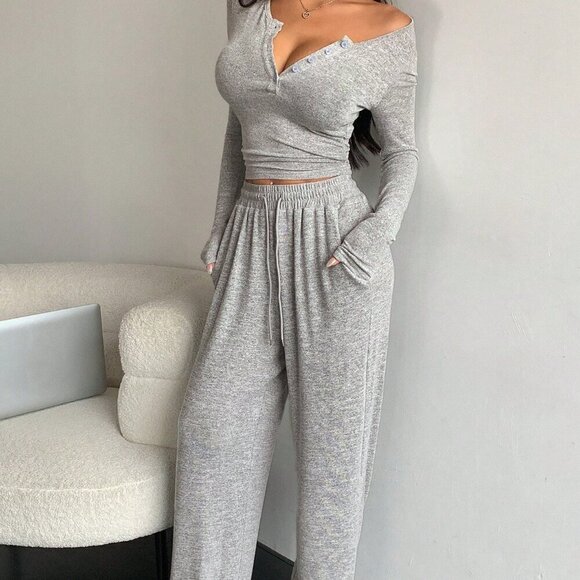 Light Grey Casual Women's Solid Color Button Long Sleeve T-Shirt And Pants Set - Picture 2 of 7